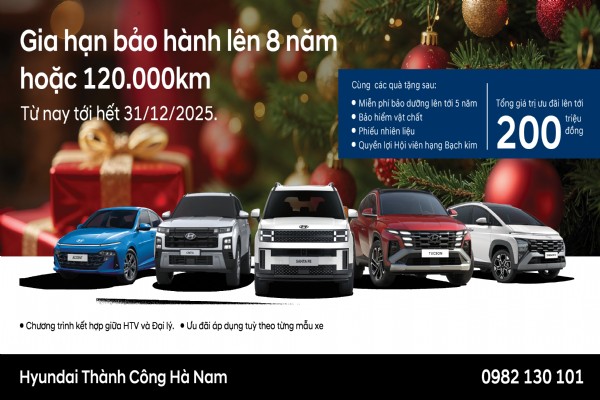 HYUNDAI THÀNH CÔNG ƯU ĐÃI BẢO HÀNH 8 NĂM CÙNG HỖ TRỢ TÀI CHÍNH LÊN ĐẾN 200 TRIỆU ĐỒNG TRONG THÁNG 12
